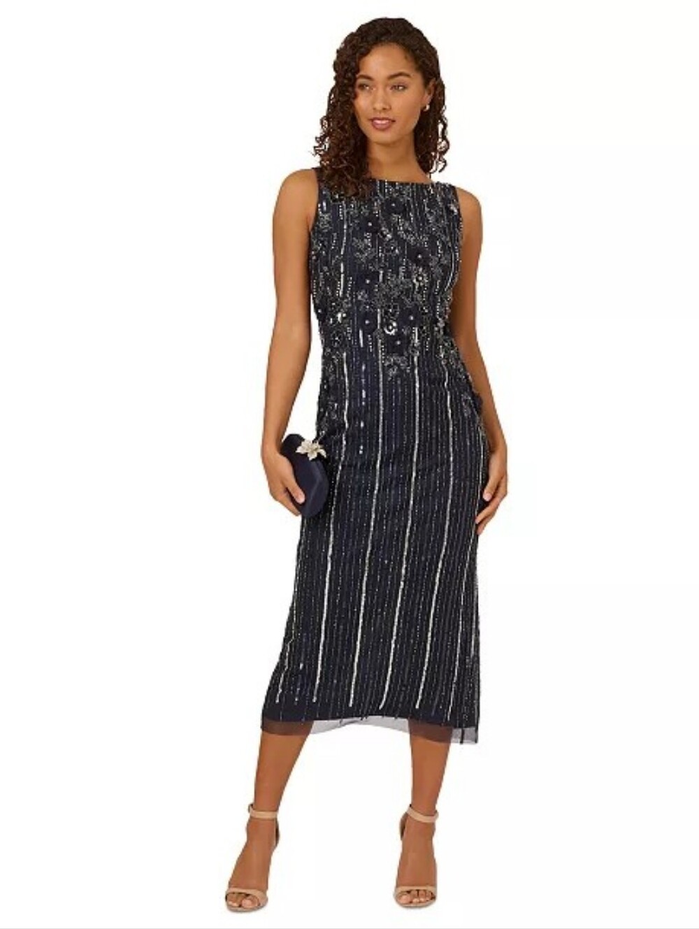 NWT Adrianna Papell Navy Beaded Sleeveless Midi Dress Size 0 Floral Sequin